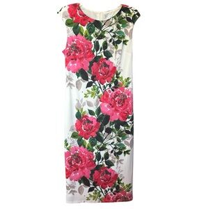 London Times Pink Roses Floral Sleeveless Midi Shift Dress Size 12